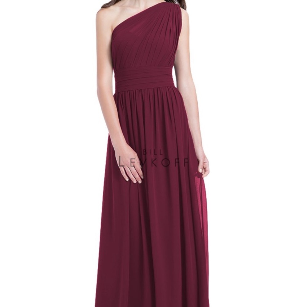 Bill Levkoff chiffon bridesmaid dress in “wine”